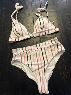 Striped Pink and Brown High-Waist Bikini Set - Women Swim